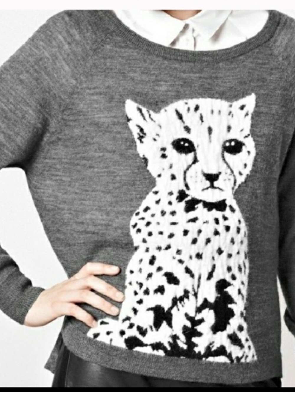 French Connection Gray Wool Angora Blend Snow Leopard Sweater Size M Runs Big